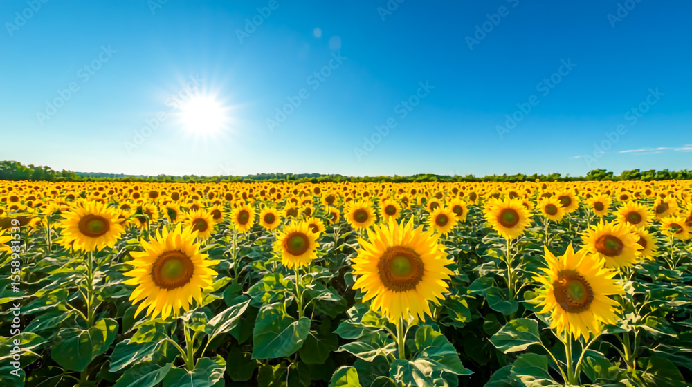 Fototapeta premium Panoramic View of a Vast Field of Beautiful Sunflowers in Full Bloom Under a Clear Blue Sky
