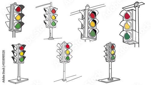 Vector set of hand-drawn traffic lights – red, yellow, green signals