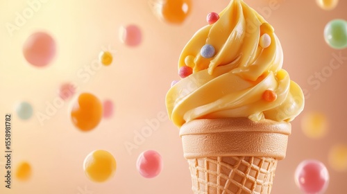 Delicious ice cream cone with colorful sprinkles,  background of flying candies.  Possible use Food photography for commercial or editorial use