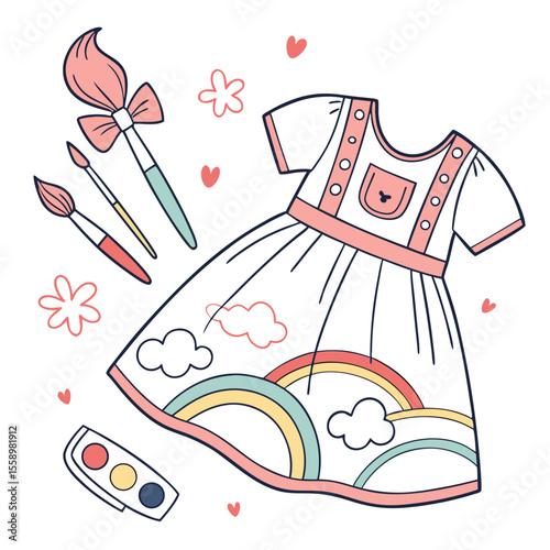 Creative artistic palette baby dress vector on a clean white background, featuring colorful paint splatters, perfect for art-inspired designs, playful fashion, or expressive children's wear.