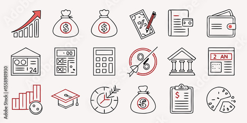 Loan and Credit linear icon collection. Containing loan, money, credit rating, business, leasing, interest, calculator, income, banking and more. Editable strokes 