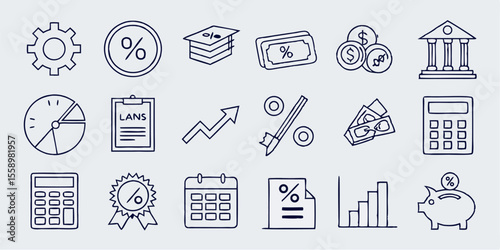 Loan and Credit linear icon collection. Containing loan, money, credit rating, business, leasing, interest, calculator, income, banking and more. Editable strokes 