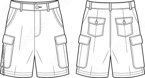 Men's & Women's Fashion Cargo Shorts Vector Flat Sketch Template - Front and Back Views, Technical Drawing Apparel Illustration for Design Resource