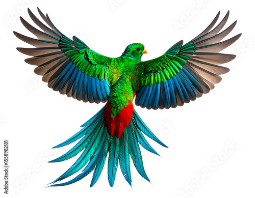 Top View of Resplendent Quetzal in Flight with Wings Fully Spread, isolated on transparent background PNG