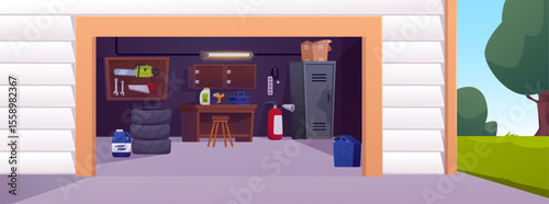 Garage interior, storage room with auto and repair equipment, jerrican, tires, tools, boxes vector cartoon illustration