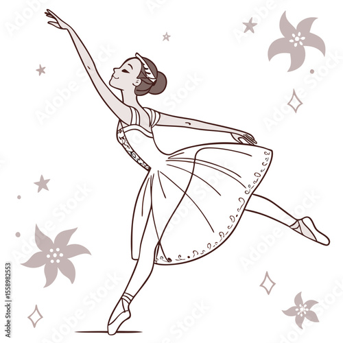 Graceful ballet dancer baby dress vector on a clean white background, featuring delicate dance elements, perfect for artistic themes, elegant designs, or charming children's wear.