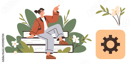 Woman sits on stacked books among lush greenery, pointing upward in a thoughtful pose. Gear icon suggests innovation. Ideal for education, creativity, growth, progress, learning, self-improvement