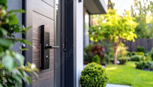 Smart Home Security: Modern Door Lock & Lush Garden View