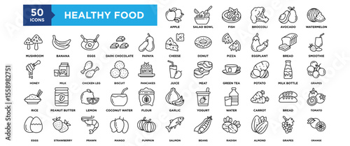 50 Healthy food icon set. Containing design Apple, Salad Bowl, Fish, Broccoli, Avocado, Watermelon