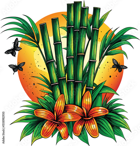 Vibrant tropical scene with bamboo stalks hibiscus flowers and a butterfly