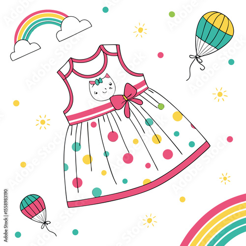 Vibrant bright pops baby dress vector on a clean white background, featuring cheerful splashes of color, perfect for playful designs, energetic fashion, or lively children's wear.