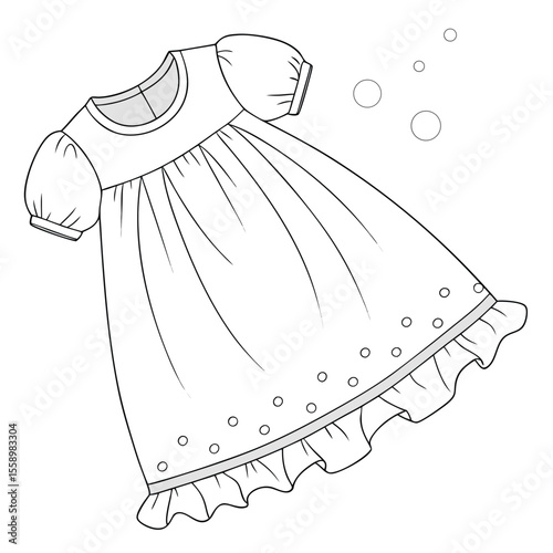 Playful bubble hem baby dress vector on a clean white background, featuring a fun, rounded silhouette, perfect for whimsical designs, casual wear, or energetic children's fashion.