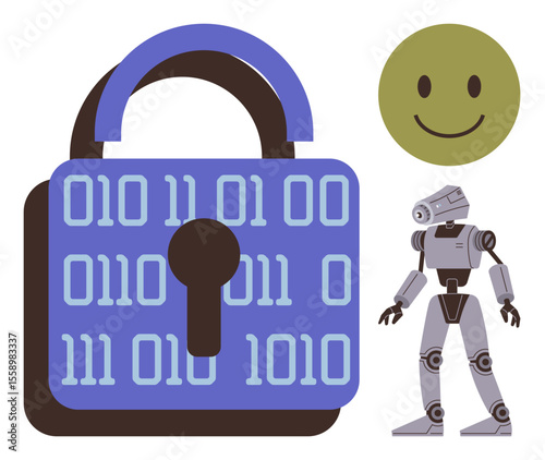 Secure padlock with binary digits, robotic figure, and smiling face, symbolizing data protection, AI safety. Ideal for cybersecurity, AI ethics, technology trust, privacy safety innovation digital