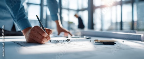 The architect's hand sketching detailed blueprints in a modern workspace.