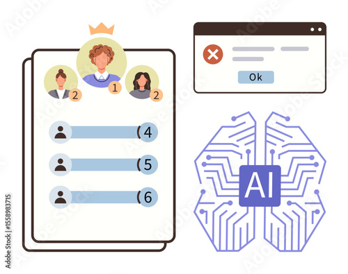 AI-driven ranking system highlights top individuals, accompanied by a neural network diagram and pop-up error message. Ideal for artificial intelligence, decision-making, ranking, competition, data