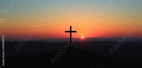 Serene sunset landscape, cross silhouette at horizon Peaceful nature, hope, faith,  quiet,  stock photo