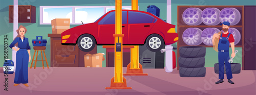 Garage interior with car on lifting mechanism and repairman, auto mechanic, repair equipment vector flat illustration