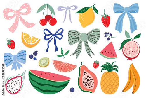 Summer fruits and bows collection, decorative isolated elements, watermelon, pineapple, lemon, vector design