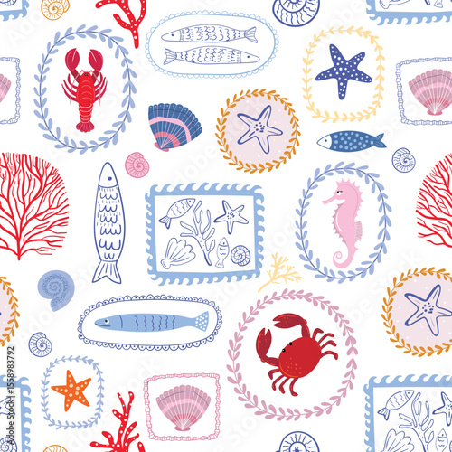  Mediterranean summer seamless pattern with marine elements in frames, lobster, crab, fish, shell, seahorse. Vector, decorative background, textile design, wallpaper print