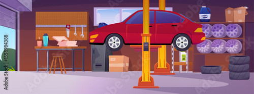 Garage interior with car on lifting mechanism, storage room with auto and repair equipment vector flat illustration