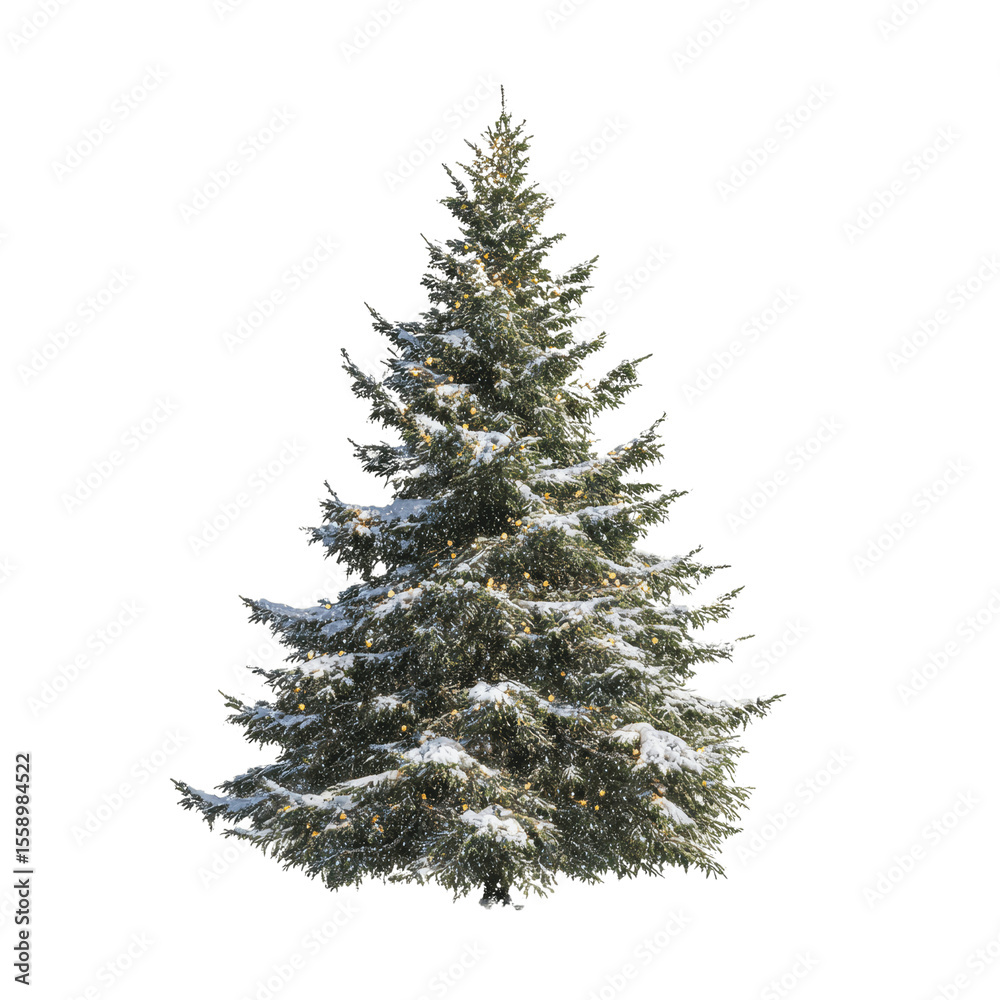 Fototapeta premium Snow-Covered Christmas Tree with Lights Isolated on White Transparent background
