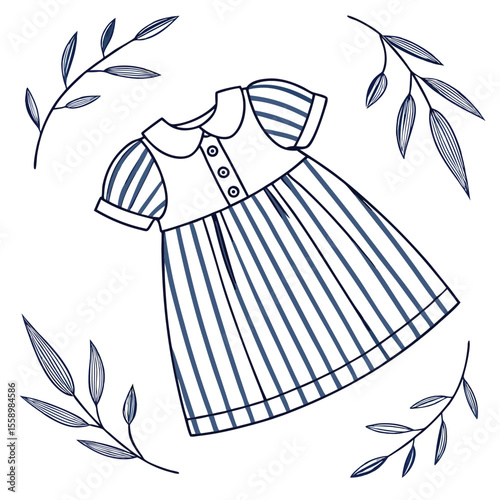 Timeless classic stripe baby dress vector in blue, with empty space for customization, perfect for nautical themes, everyday wear, or versatile children's fashion.