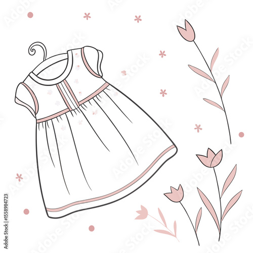 Simple clean vector baby dress on a pure white background, showcasing a minimalist design, perfect for basic mockups, everyday wear, or versatile children's fashion.
