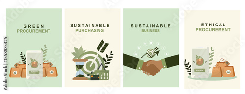 Sustainable business procurement set. Green purchasing ethical sourcing concept poster. Corporate responsibility handshake for marketing presentations. Flat style. Vector illustration