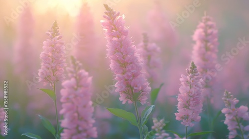 pink beautiful dreamy wildflower field with soft light, refreshing spring time