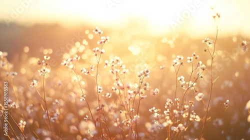 white delicate beautiful dreamy wildflower field with soft light, refreshing spring time