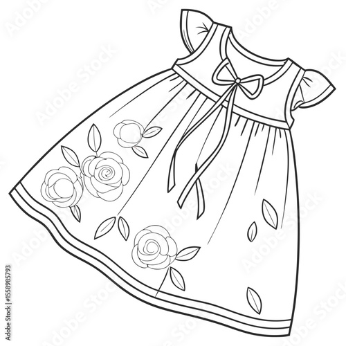 Beautiful delicate rose pattern baby dress vector on a clean white background, featuring elegant floral details, ideal for romantic designs, special occasions, or charming children's wear.