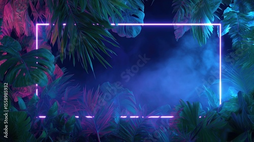 Neon rectangle shape glowing in a tropical jungle at night in 80s synthwave style
