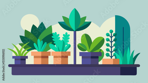 Colorful flat illustration of potted houseplants arranged on a shelf with abstract green foliage in the background