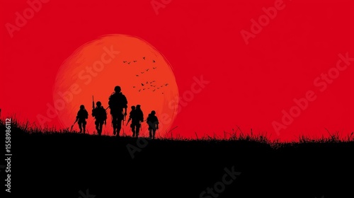 silhouette shadow group of soldier against red  sun   military theme illustration background