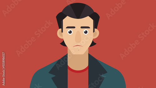 Flat vector portrait of a serious young man with dark hair in a jacket on a red background