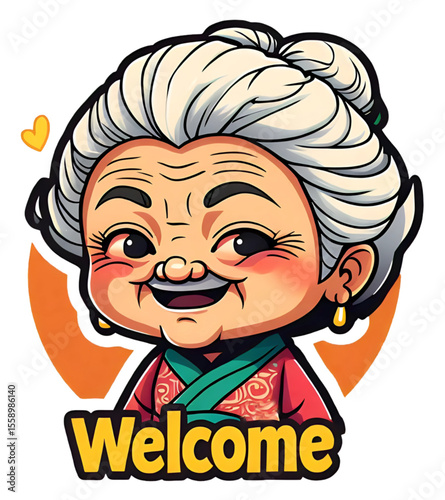 Cartoon Elderly Woman Welcome Sticker