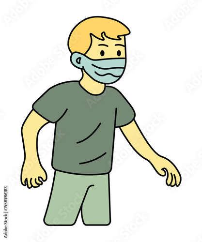 Simple flat illustration of a man taking a walk while wearing a face mask.