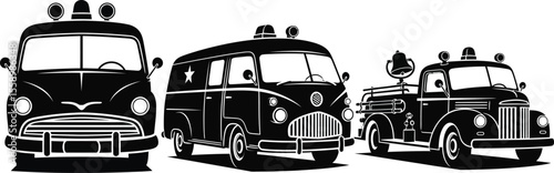 A vintage ambulance van and fire truck are displayed as black silhouettes isolated on white background