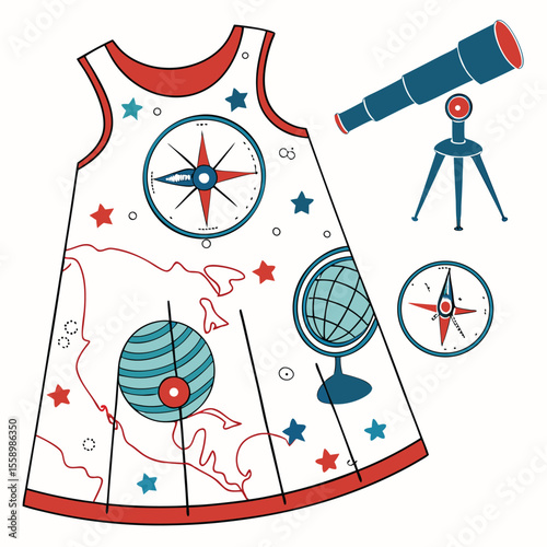 Adventurous explorer theme baby dress vector on a clean white background, perfect for wanderlust designs, travel-inspired apparel, or playful children's fashion concepts.