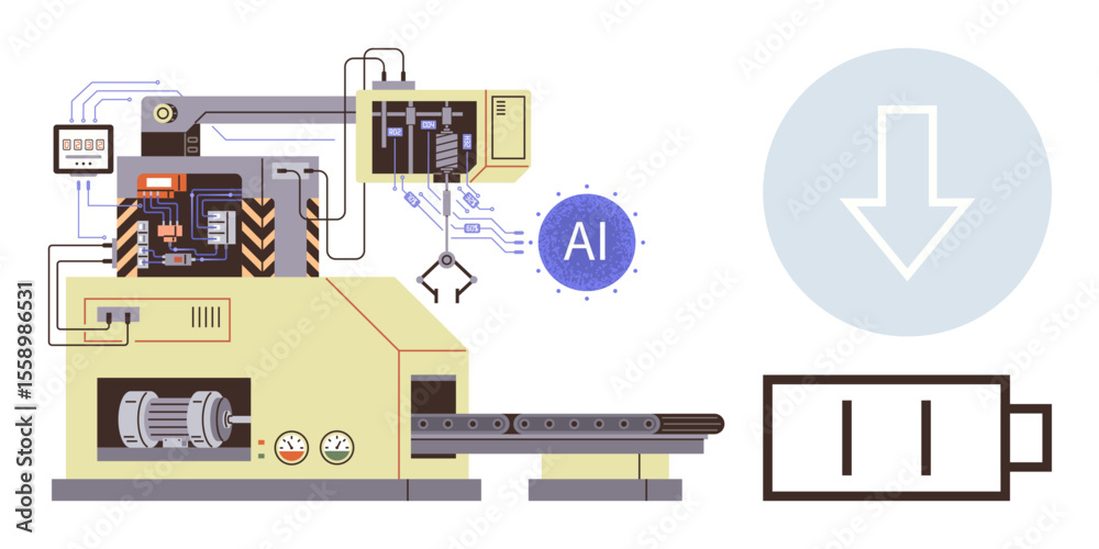Fototapeta premium Automated machine with AI interface, conveyor system, robotic arm, and control panel. Ideal for technology, AI, manufacturing, automation, industrial design engineering concepts simple flat