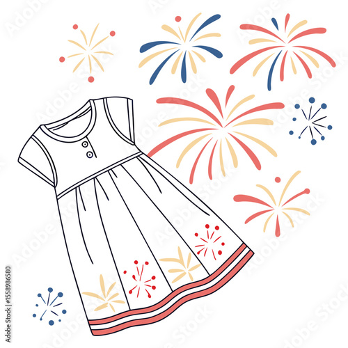 Explosive firework burst baby dress vector on a clean white background, featuring a vibrant, celebratory pattern, great for festive occasions, holiday designs, or cheerful children's clothing.