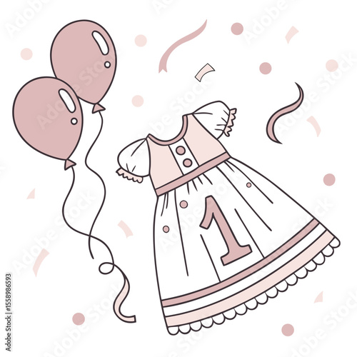 Festive first birthday dress vector with celebratory details on a clean white background, perfect for milestone events, party invitations, or joyous children's wear designs.