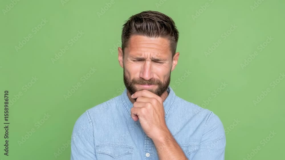 Bearded man showing doubtful and thoughtful expressions against green screen background. Chromakey video for emotion portrayal and acting concept. Versatile footage for editing.