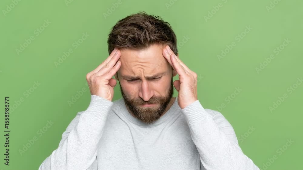 Bearded man experiencing headache or stress against green background. Caucasian male massaging temples. Mental health, migraine, or tension concept. Copy space. Bearded man experiencing headache or stress against green background. Caucasian male massaging temples. Mental health, migraine, or tension concept. Copy space.