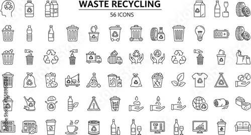 Illustration of waste recycling icons showing various methods and types of recyclable materials