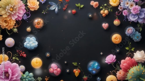 Floral and Decorative Design on Black Background, Artistic and Colorful Abstract