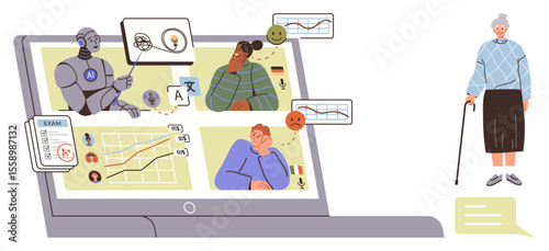 Robot tutor guides diverse students, analyzing graphs, facial expressions, language, and performance. Elderly teacher observes from the side. Ideal for education, AI, analytics technology
