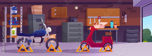 Garage interior with motorcycle and moped, storage room with auto and repair equipment vector cartoon illustration