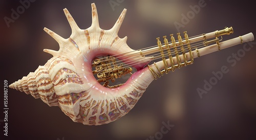 Fantasy Seashell Musical Instrument Intricate 3D Render of a Surreal Brass and Shell Composition