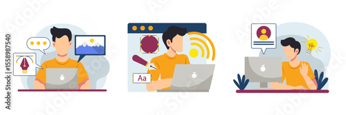 Remote worker, graphic designer, type designer, Freelancer, and content creator flat vector illustration